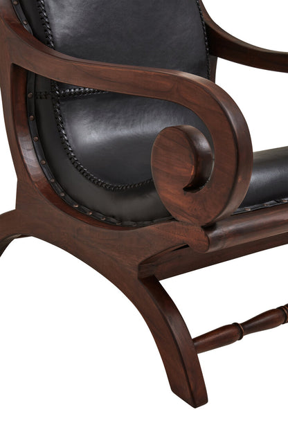 Andes Genuine Black Leather and Teak Lounge Chair with Footstool