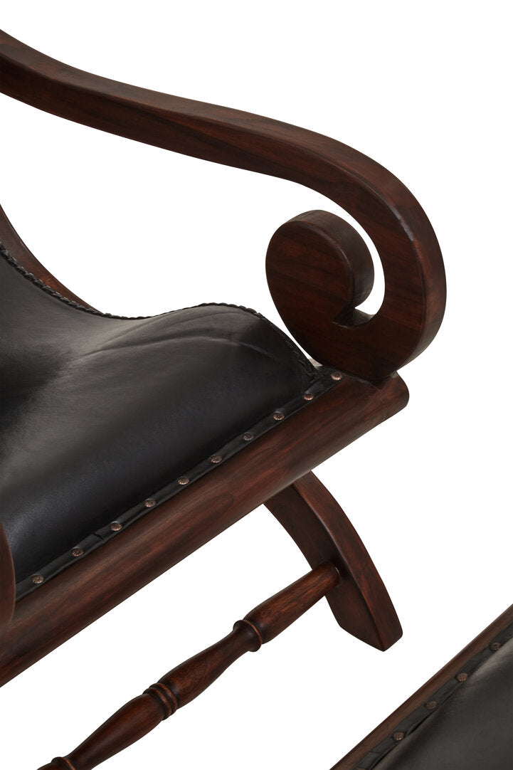 Andes Genuine Black Leather and Teak Lounge Chair with Footstool
