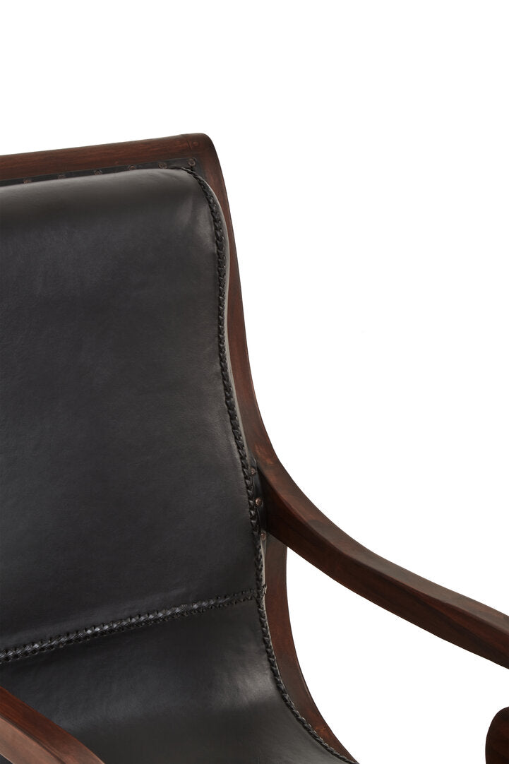 Andes Genuine Black Leather and Teak Lounge Chair with Footstool