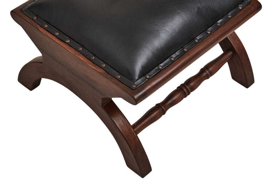 Andes Genuine Black Leather and Teak Lounge Chair with Footstool