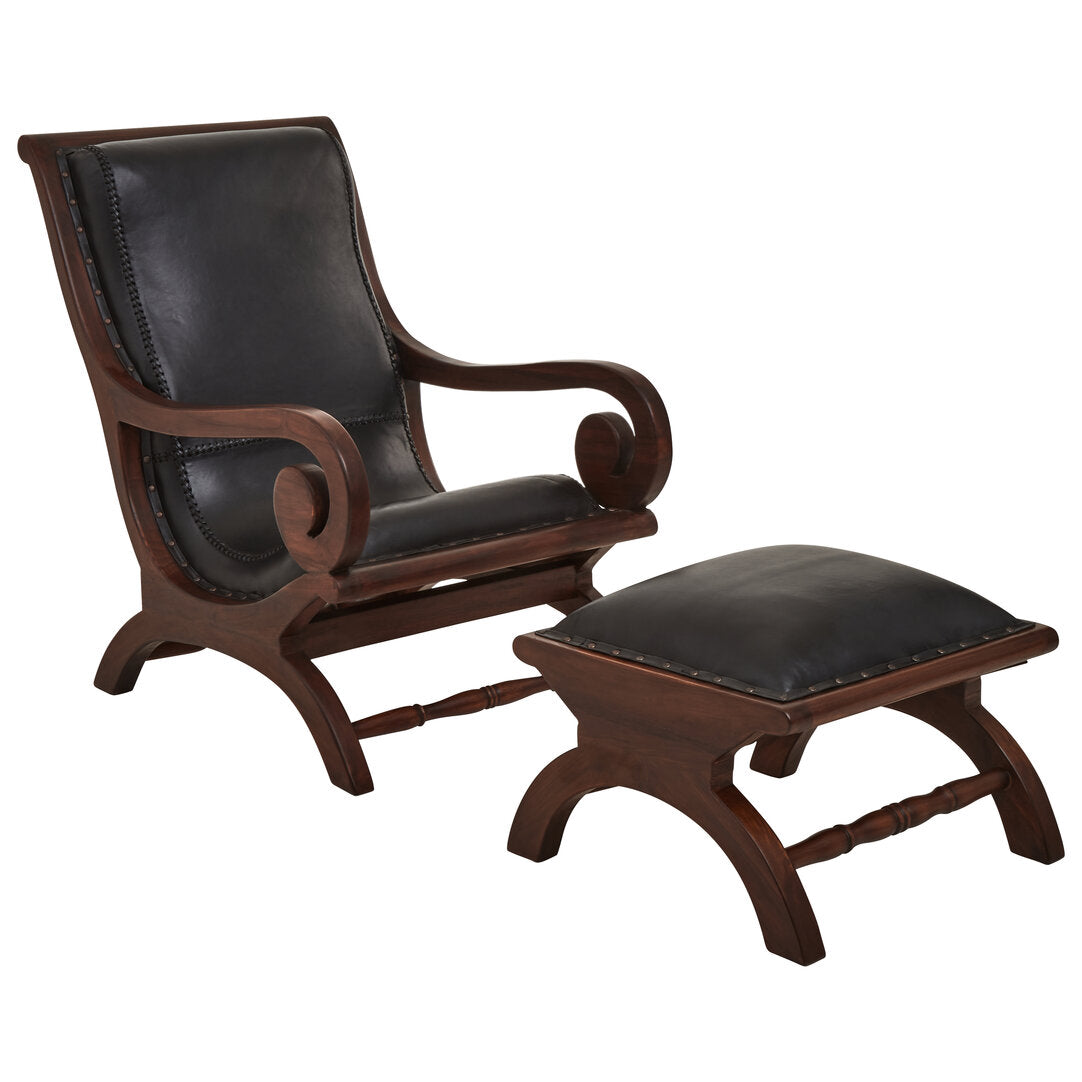 Andes Genuine Black Leather and Teak Lounge Chair with Footstool