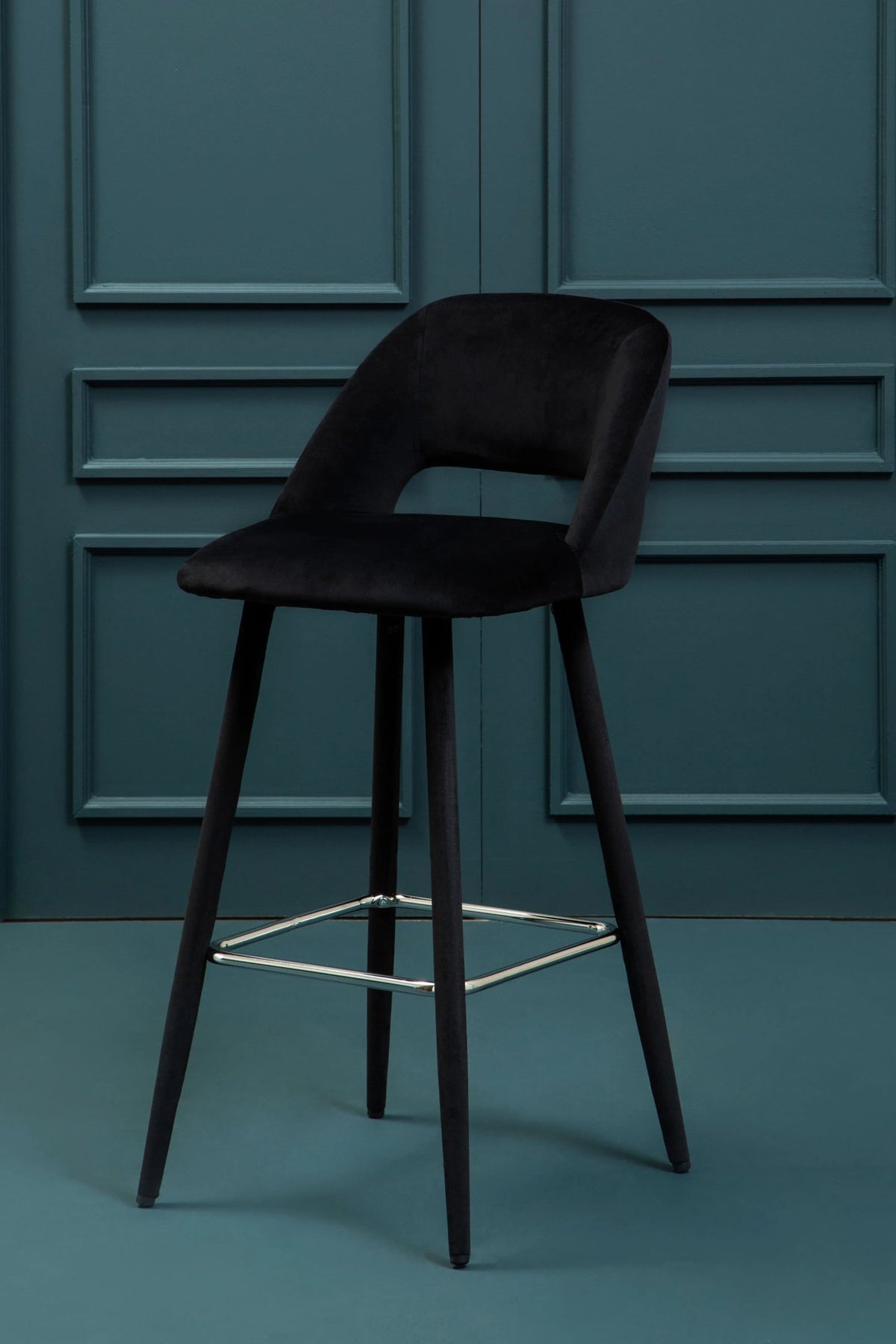 Waverley Black Velvet Bar Chair with Silver Finish Footrest