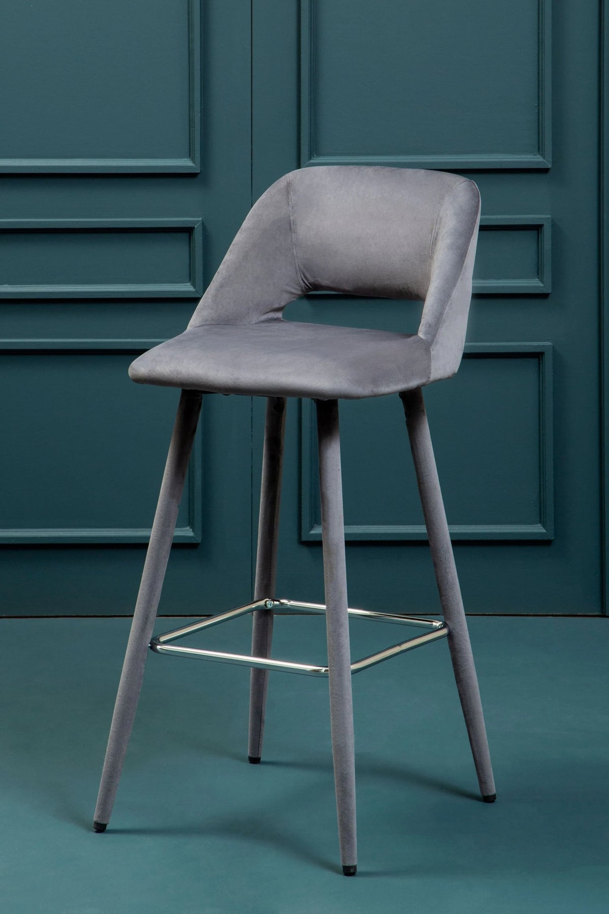Waverley Grey Velvet Bar Chair with Silver Finish Footrest