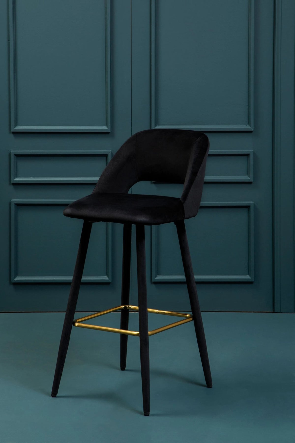 Waverley Black Velvet Bar Chair with Gold Finish Footrest