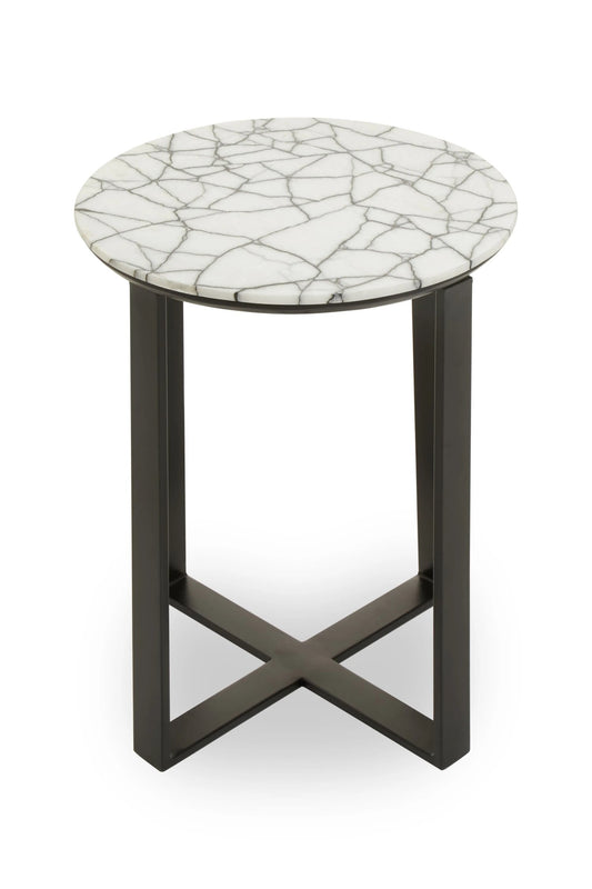 Marmont White Marble Top Round Side Table with Black Legs