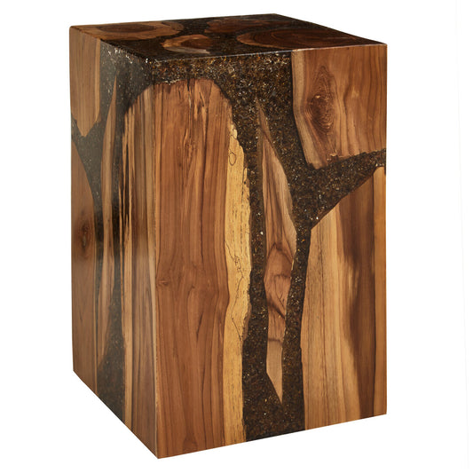 Lotus Resin and Teak Wood Side Table and Stool