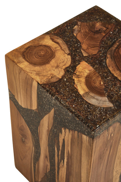 Lotus Resin and Teak Wood Side Table and Stool