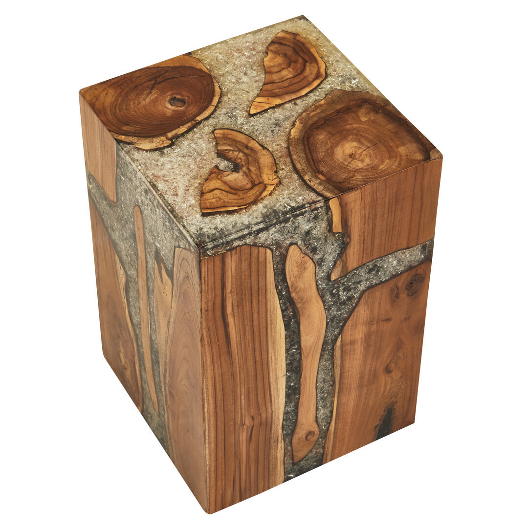 Lotus Teak Wood and Resin Side Table and Stool