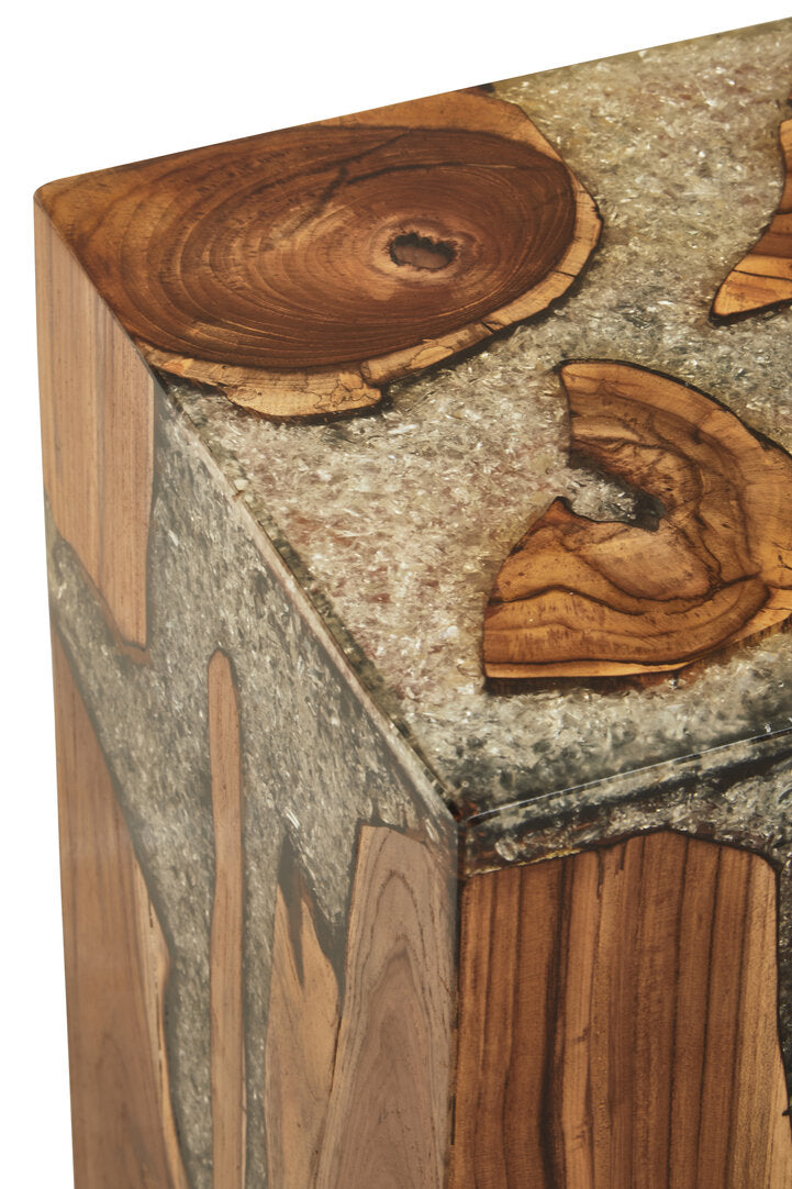 Lotus Teak Wood and Resin Side Table and Stool