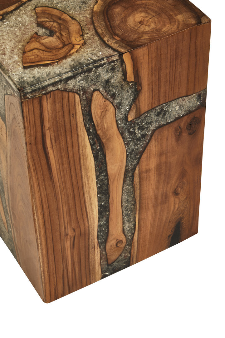 Lotus Teak Wood and Resin Side Table and Stool