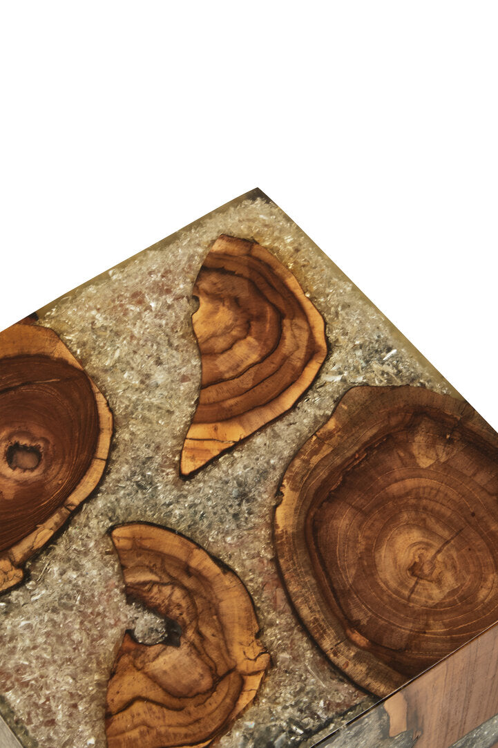 Lotus Teak Wood and Resin Side Table and Stool