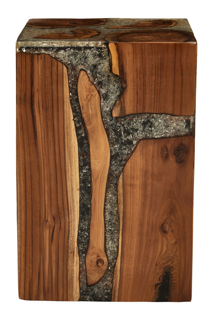 Lotus Teak Wood and Resin Side Table and Stool