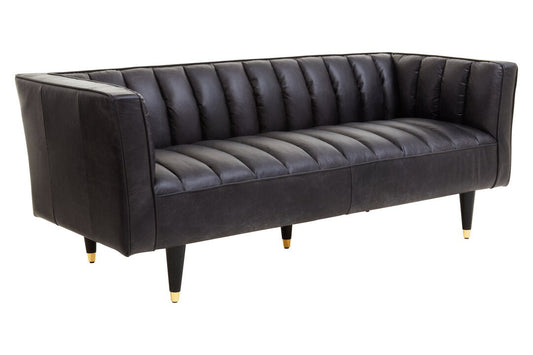 Monarch Three Seater Black Leather Sofa With Flared Arms