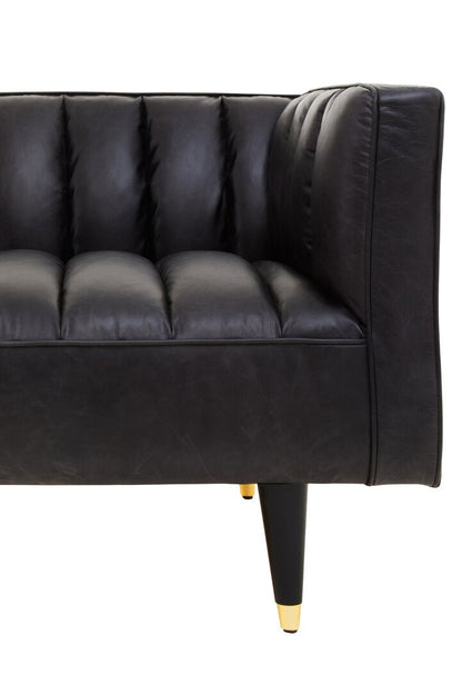 Monarch Three Seater Black Leather Sofa With Flared Arms