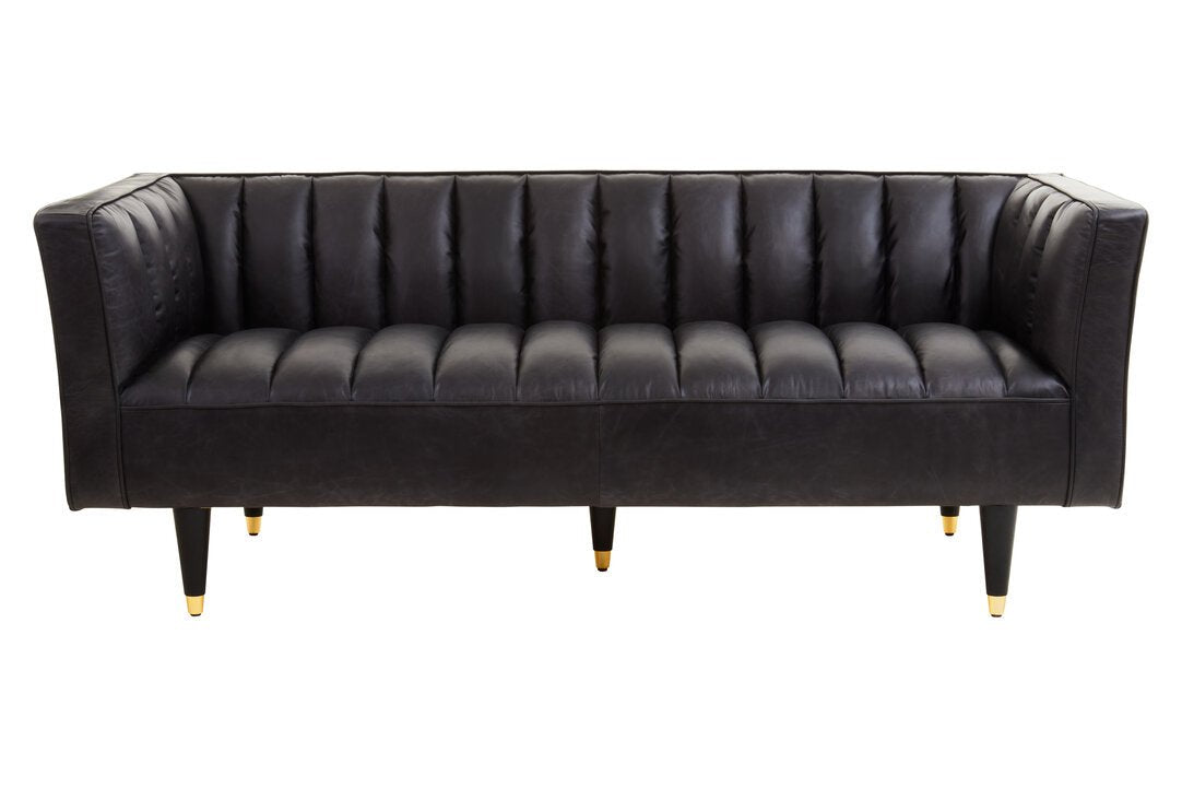 Monarch Three Seater Black Leather Sofa With Flared Arms