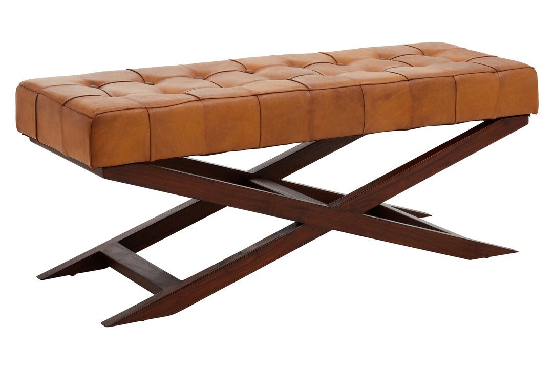 Andes Brown Leather Bench with Cedarwood Base