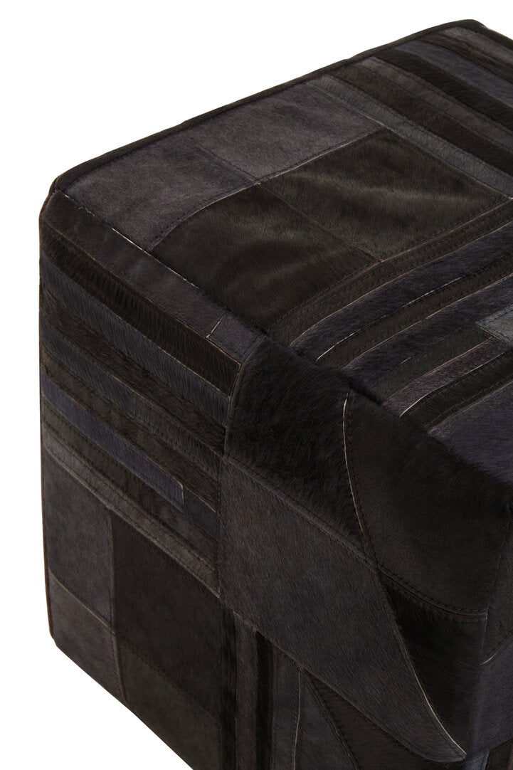 Hygge Safira Black And Grey Deco Hair on Leather Pouffe