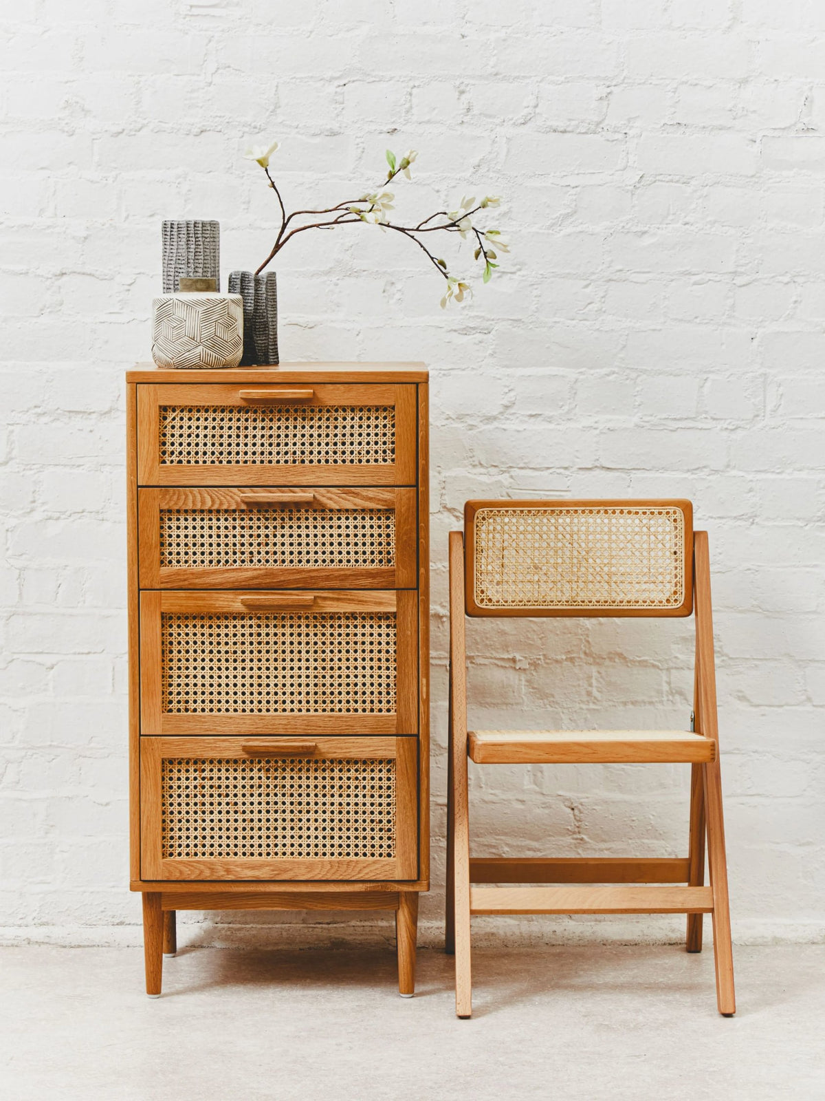 Bordeaux Rattan and Oak Wood Chest of Four Drawers