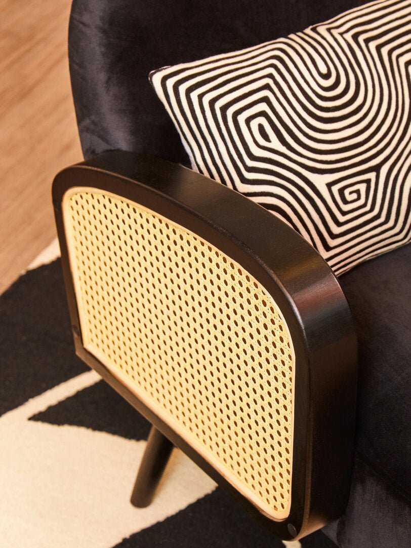 Pacific Black Velvet and Rattan Armchair