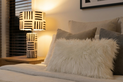 Vellum Black And White Papier Mache Table Lamp with Geometric Lines