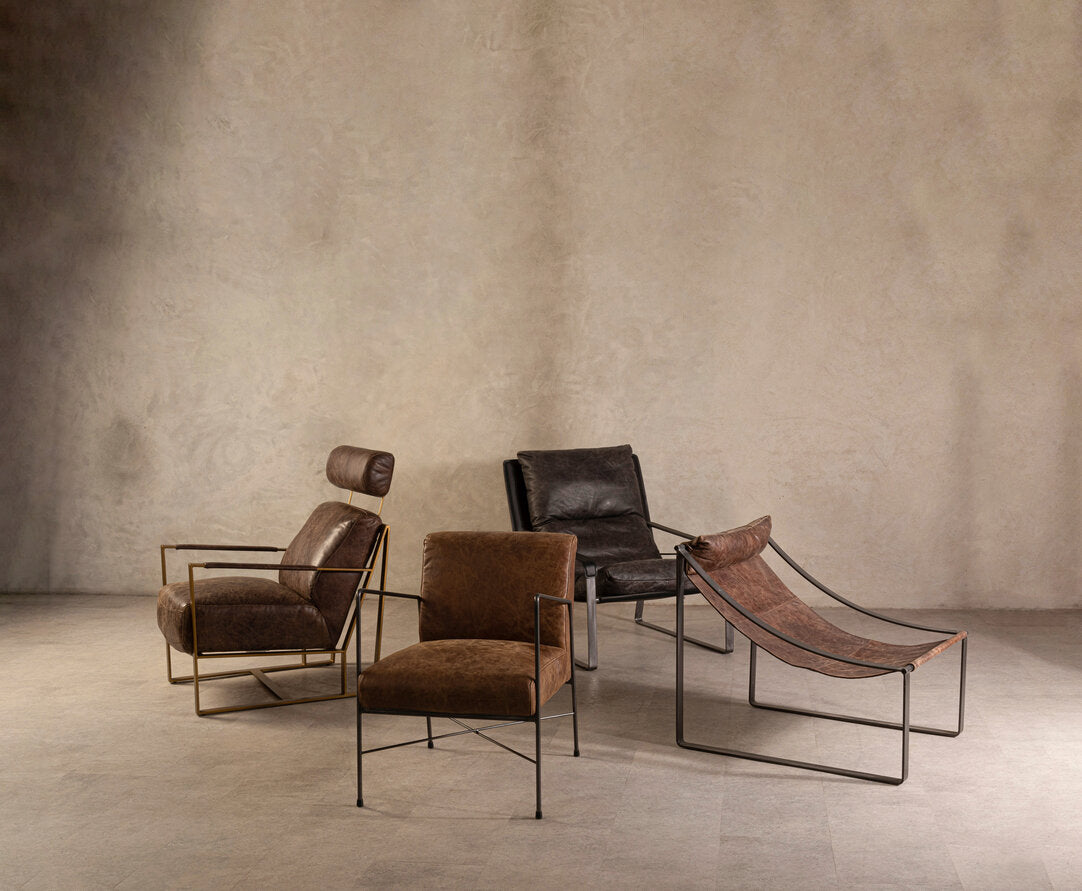 Loft Brown Leather Lounge Chair with Rose Gold Iron Frame