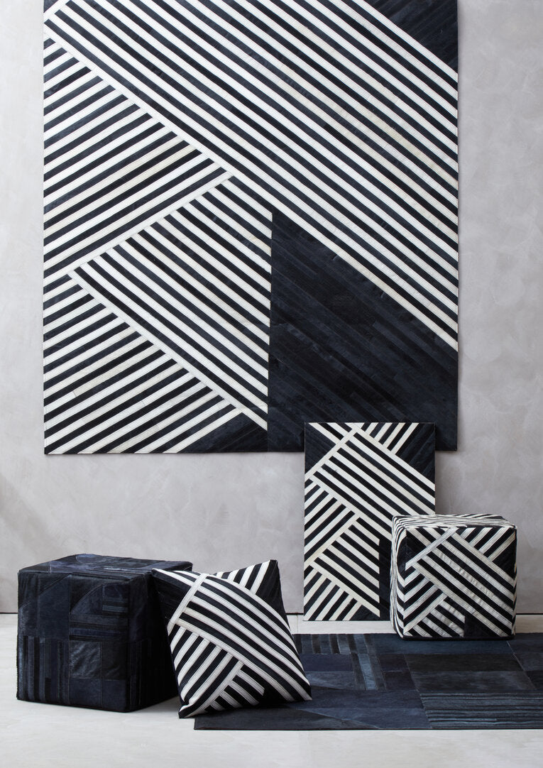 Hygge Safira Black And Grey Deco Hair on Leather Pouffe