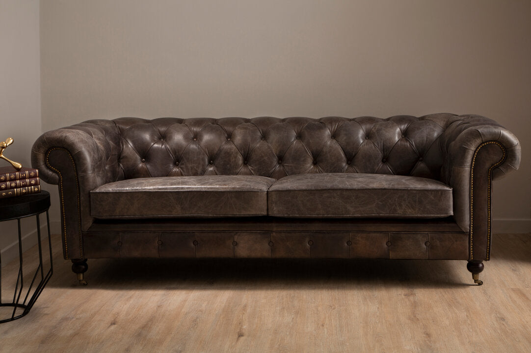 Noble Dark Grey Brown Leather Chesterfield 3 Seat Sofa