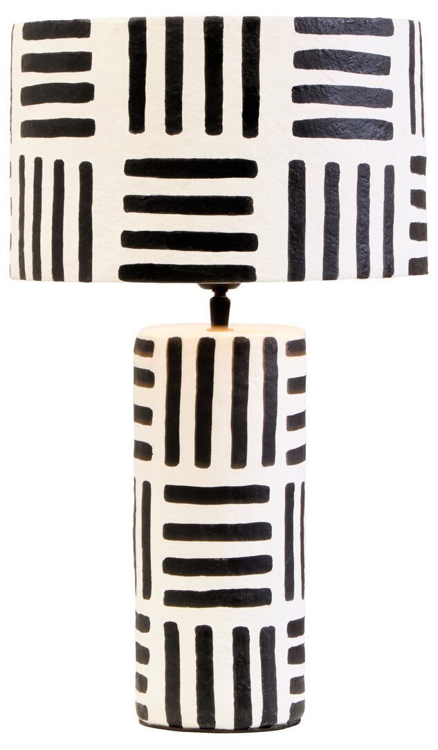 Vellum Black And White Papier Mache Table Lamp with Geometric Lines