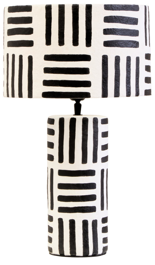 Vellum Black And White Papier Mache Table Lamp with Geometric Lines
