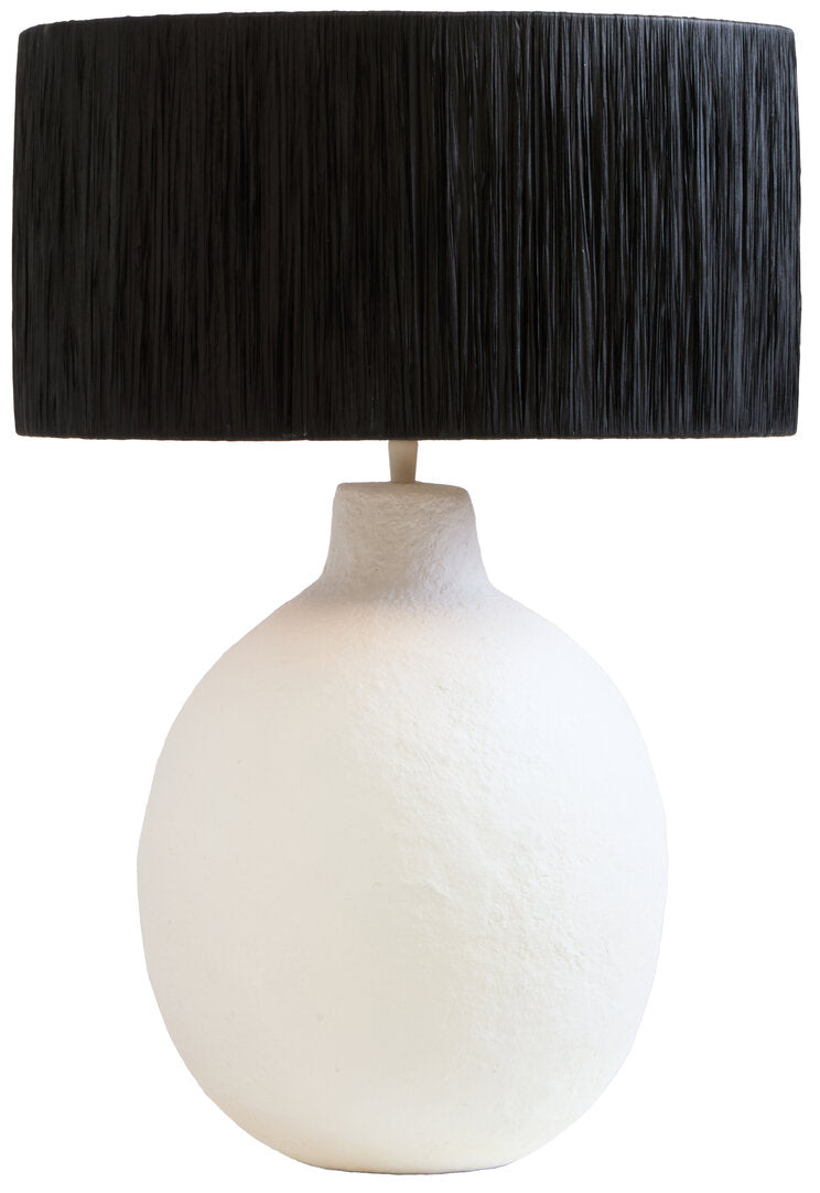 Vellum White Papier Mache Table Lamp With Black Raffia Shade