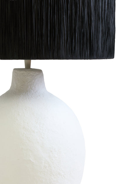 Vellum White Papier Mache Table Lamp With Black Raffia Shade