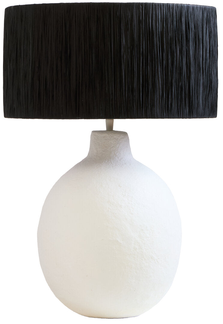 Vellum White Papier Mache Table Lamp With Black Raffia Shade