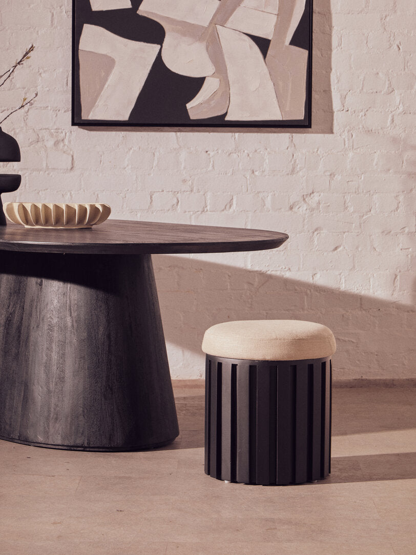 Sicily Black Mango Wood and Cream Linen Stool