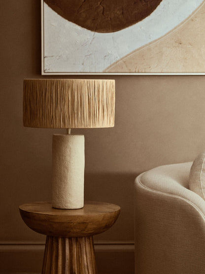 Vellum Natural Papier Mache Table Lamp With Natural Raffia Shade