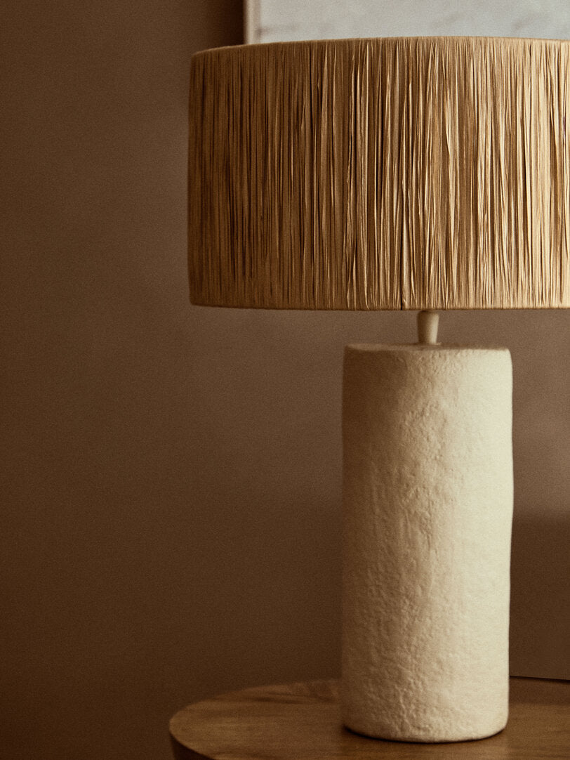 Vellum Natural Papier Mache Table Lamp With Natural Raffia Shade