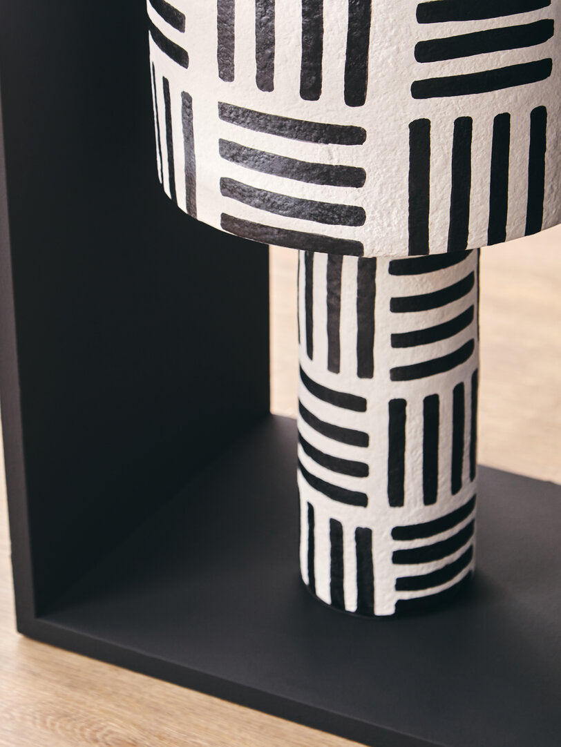 Vellum Black And White Papier Mache Table Lamp with Geometric Lines