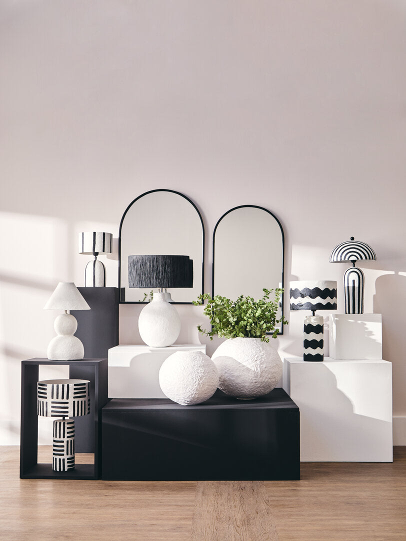 Vellum Black And White Curved Stripe Papier Mache Table Lamp