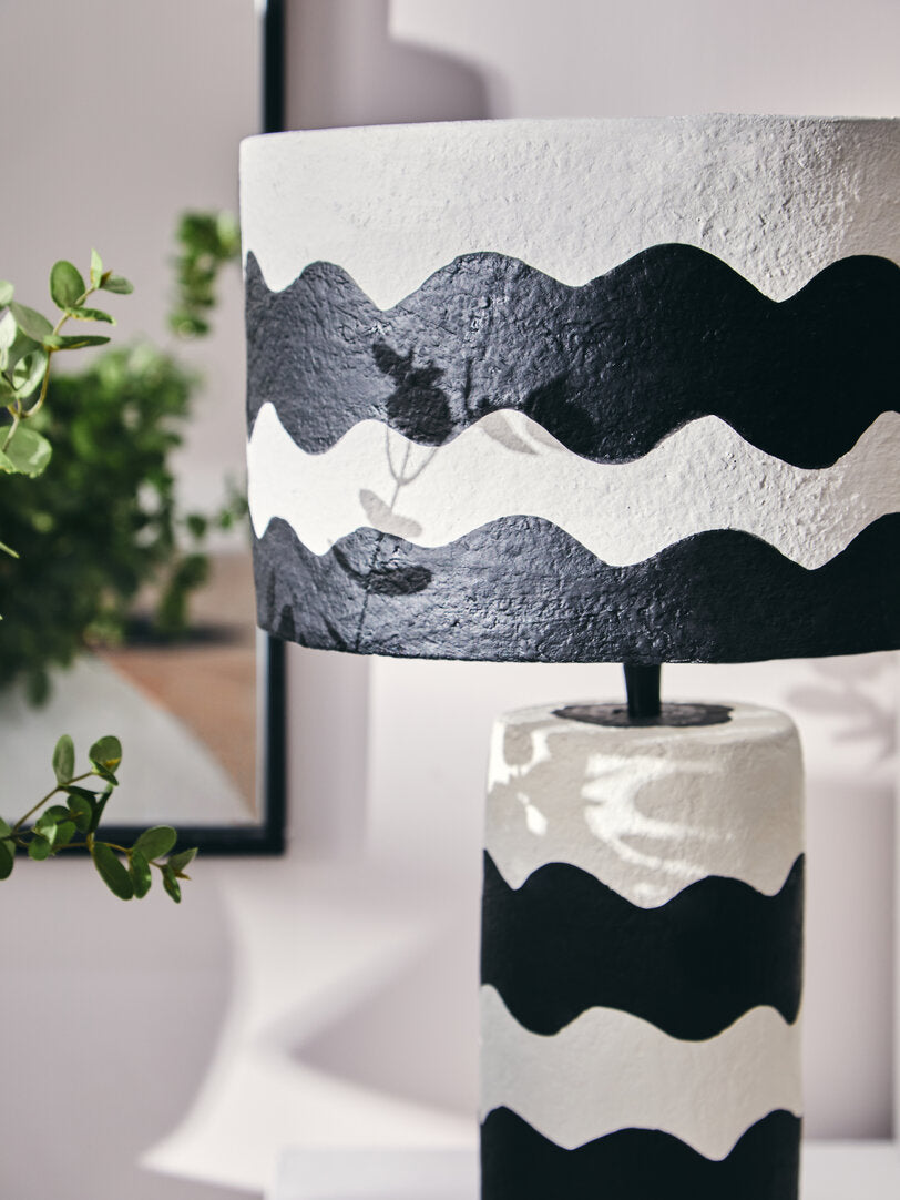 Vellum Black And White Curved Stripe Papier Mache Table Lamp