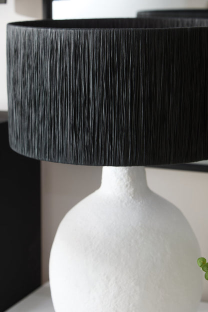 Vellum White Papier Mache Table Lamp With Black Raffia Shade