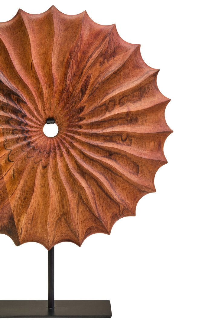 Compass Brown Wood Round Sculpture With Black Base