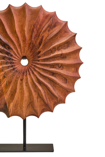 Compass Brown Wood Round Sculpture With Black Base