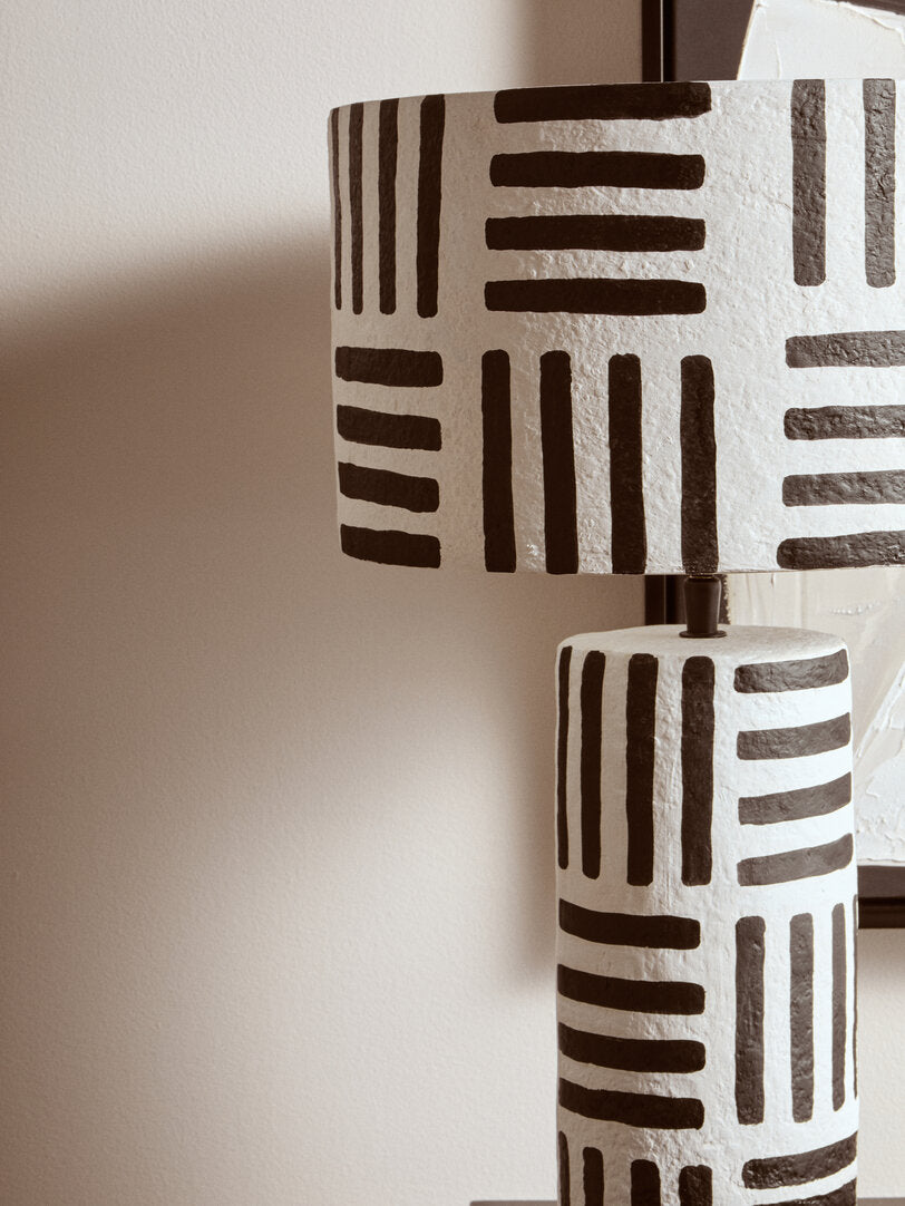 Vellum Black And White Papier Mache Table Lamp with Geometric Lines