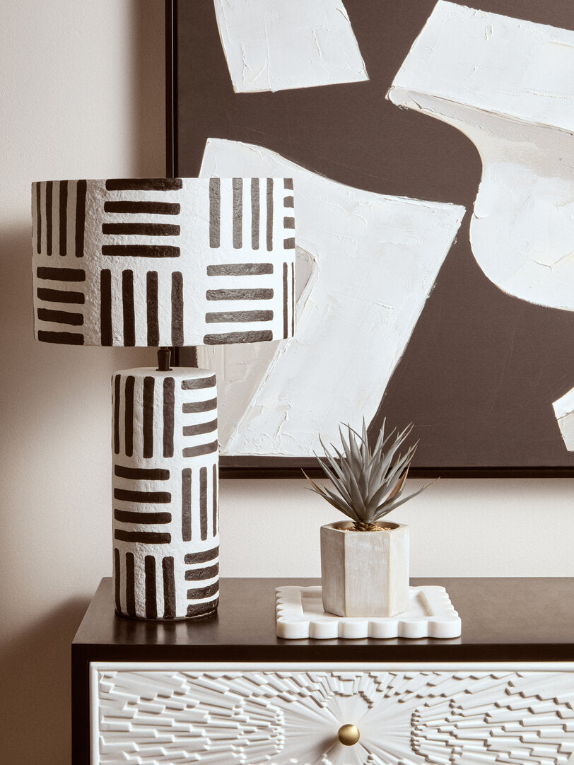 Vellum Black And White Papier Mache Table Lamp with Geometric Lines