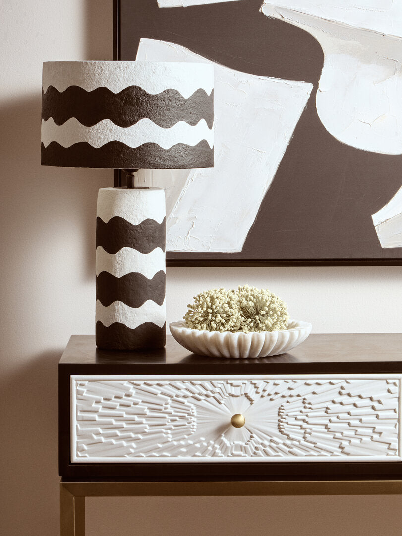 Vellum Black And White Curved Stripe Papier Mache Table Lamp