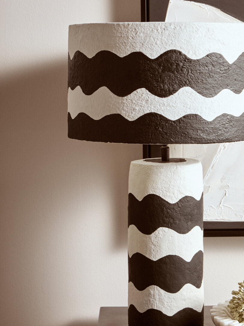 Vellum Black And White Curved Stripe Papier Mache Table Lamp