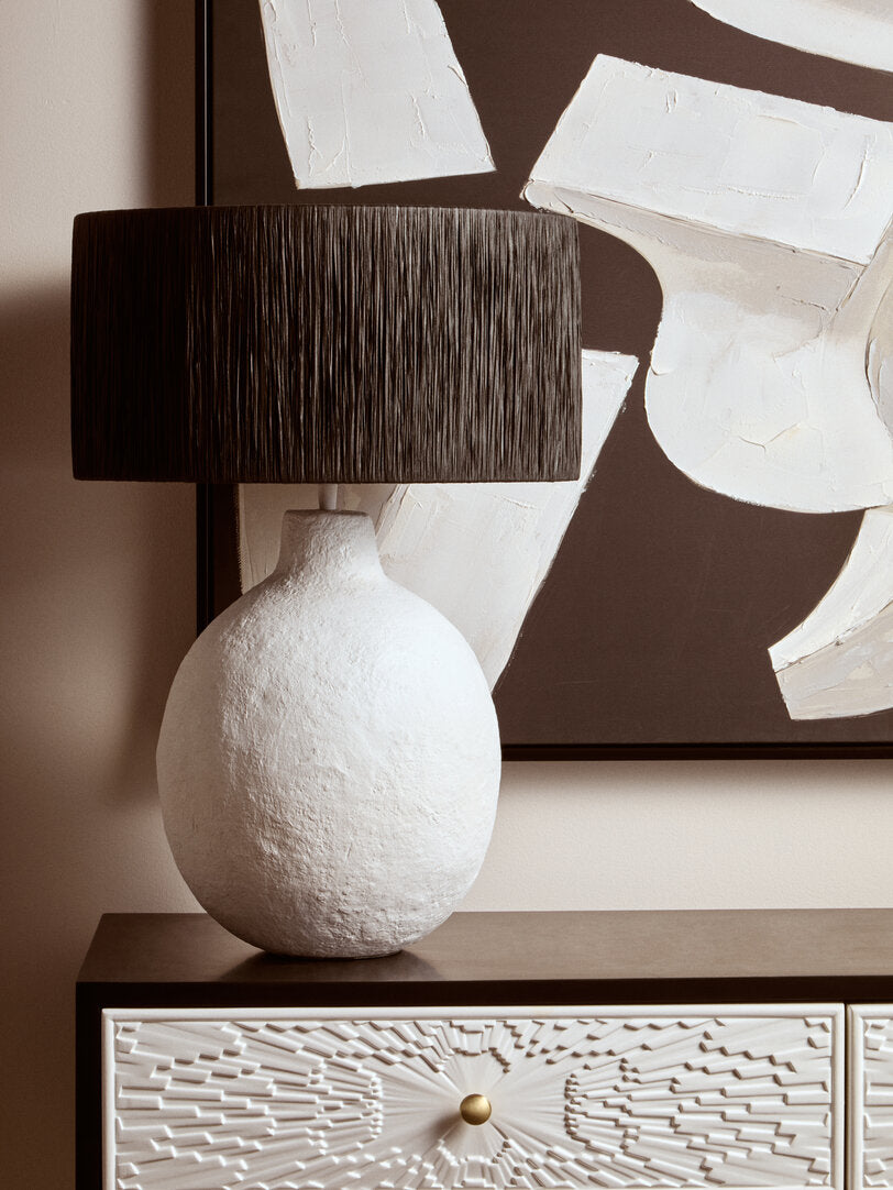 Vellum White Papier Mache Table Lamp With Black Raffia Shade
