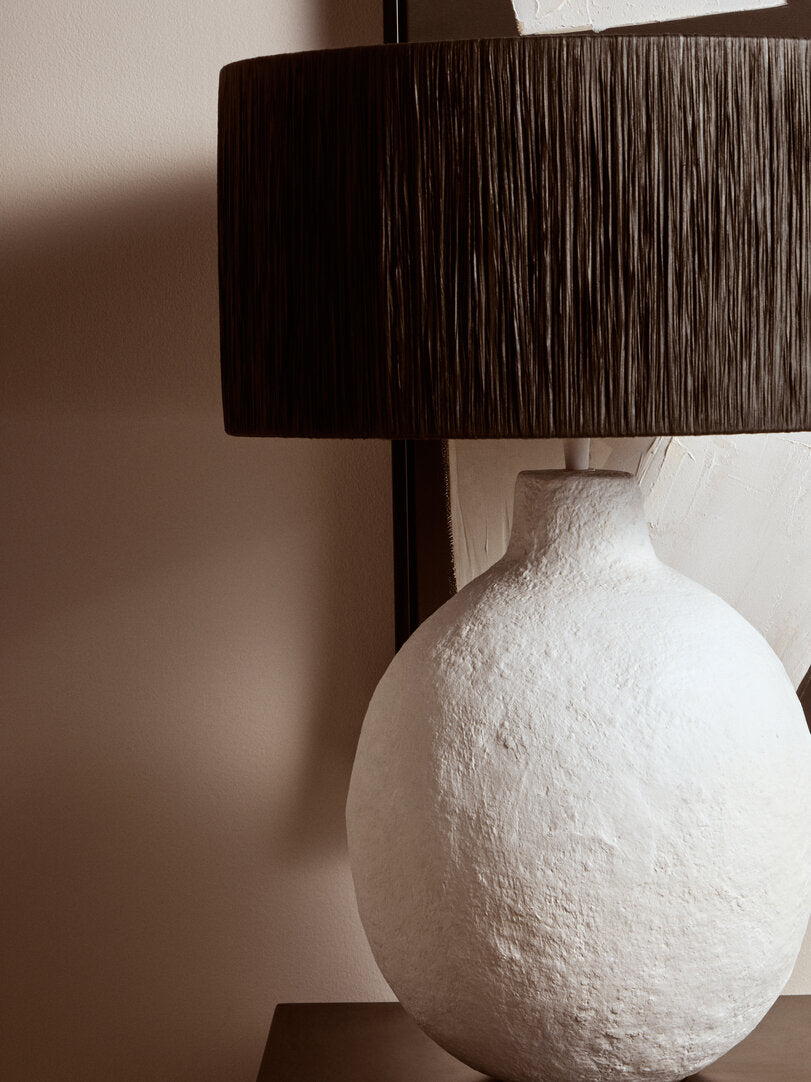 Vellum White Papier Mache Table Lamp With Black Raffia Shade