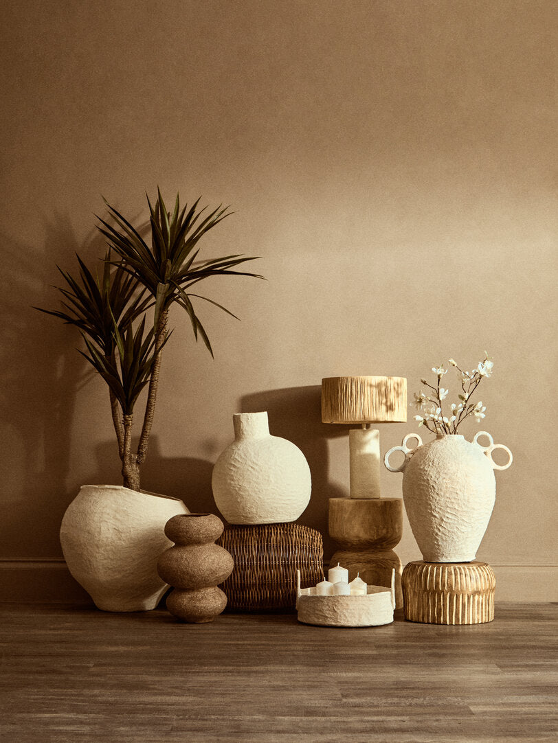 Vellum Natural Papier Mache Table Lamp With Natural Raffia Shade