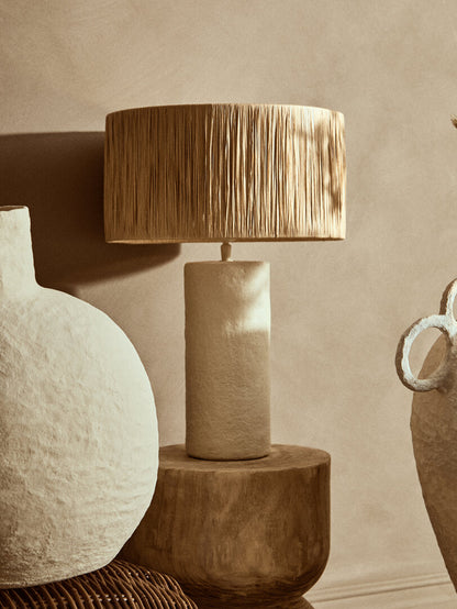 Vellum Natural Papier Mache Table Lamp With Natural Raffia Shade
