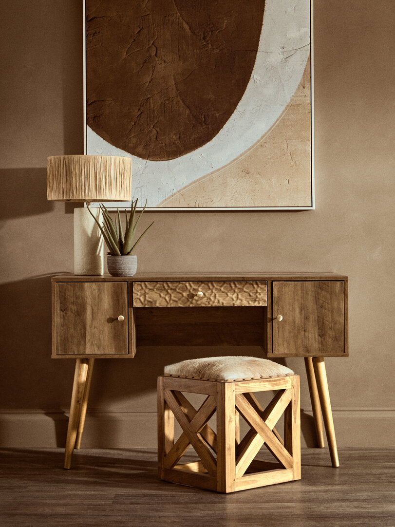 Sumatra Hair on Leather and Teak Wood Square Stool